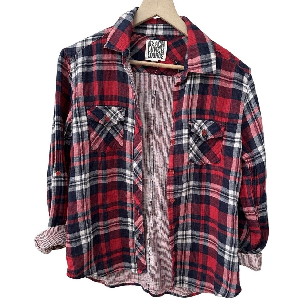 Beach Lunch Lounge Plaid Button Down Shirt‎ Size S Red Navy White Long Sleeve